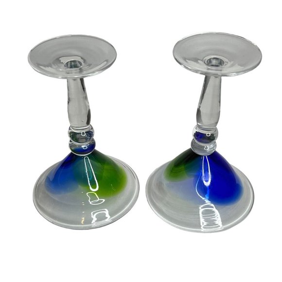 Hand Blown Blue Green Art Swirl Martini Bar  Modern Cocktail Glasses Stemware - Picture 6 of 8